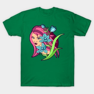 Pink Haired Girl and Blue Lilies T-Shirt